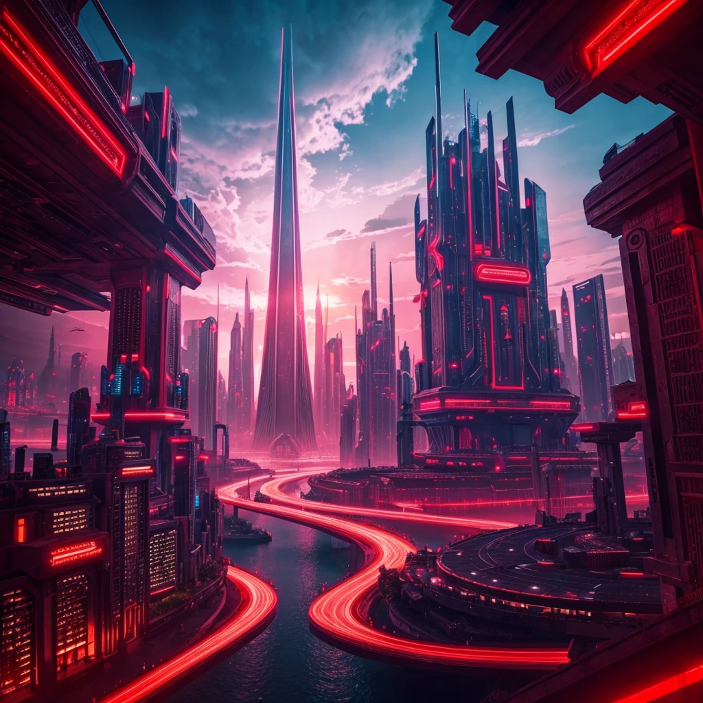 makes an image of a fantasy and futuristic city with red lighting but that looks like a city taken from paradise itself: use only red tones, make the image between people and crowd
