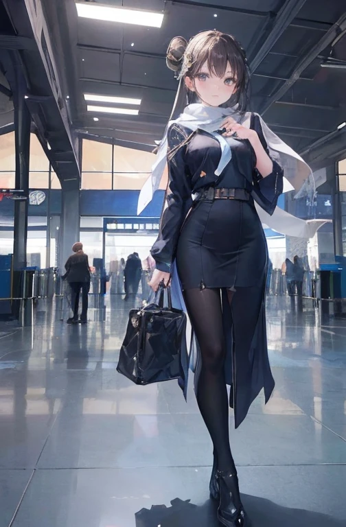 (work of art:1.2、highest quallity:1.2)、32k HDR、high resolution、(standing alone、1 girl、slender figure)、(Realistic style with Starlux Airlines uniform)、 (in the airport lobby, professional lighting)、A suitable woman, beautiful face,、(Starlux Airlines silver uniform:1.4)、(半袖のStarlux Airlines silver uniform)、(chest scarf)、breasts big、(long hair updo、hair bun)、dark brown hair、Long shot、((fine hand:2.0))、((Harmonious body proportions:1.5))、((normal limbs:2.0))、((normal finger:2.0))、((Delicate Eyes:2.0))、((normal eyes:2.0)))、Beautiful standing posture、ssmile
