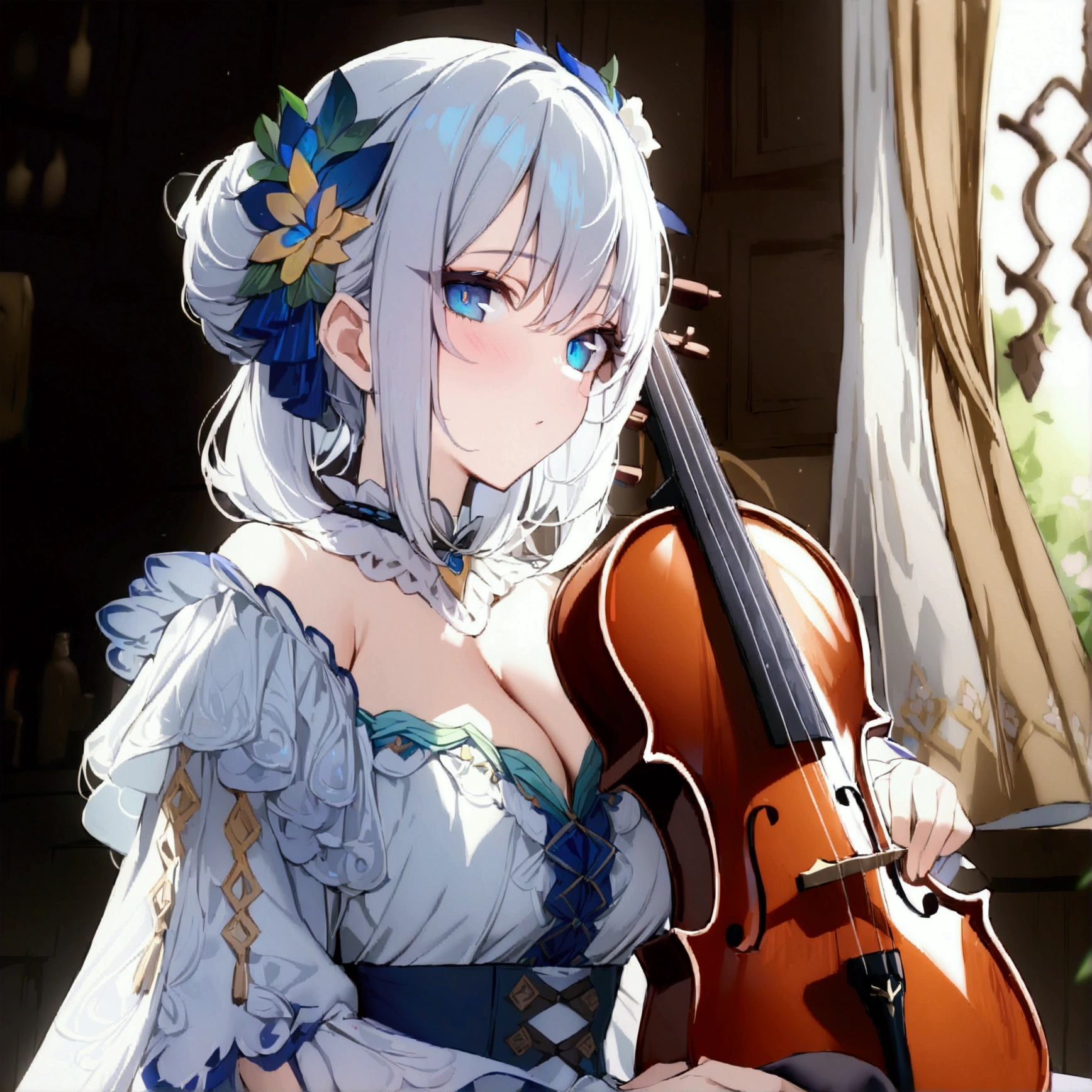 (1girl, Masterpiece, best quality) (detailed and beautiful eyes:1.6) (perfect hands, perfect anatomy) (full body) colorful outfit, older woman, bard outfit, holding a violin