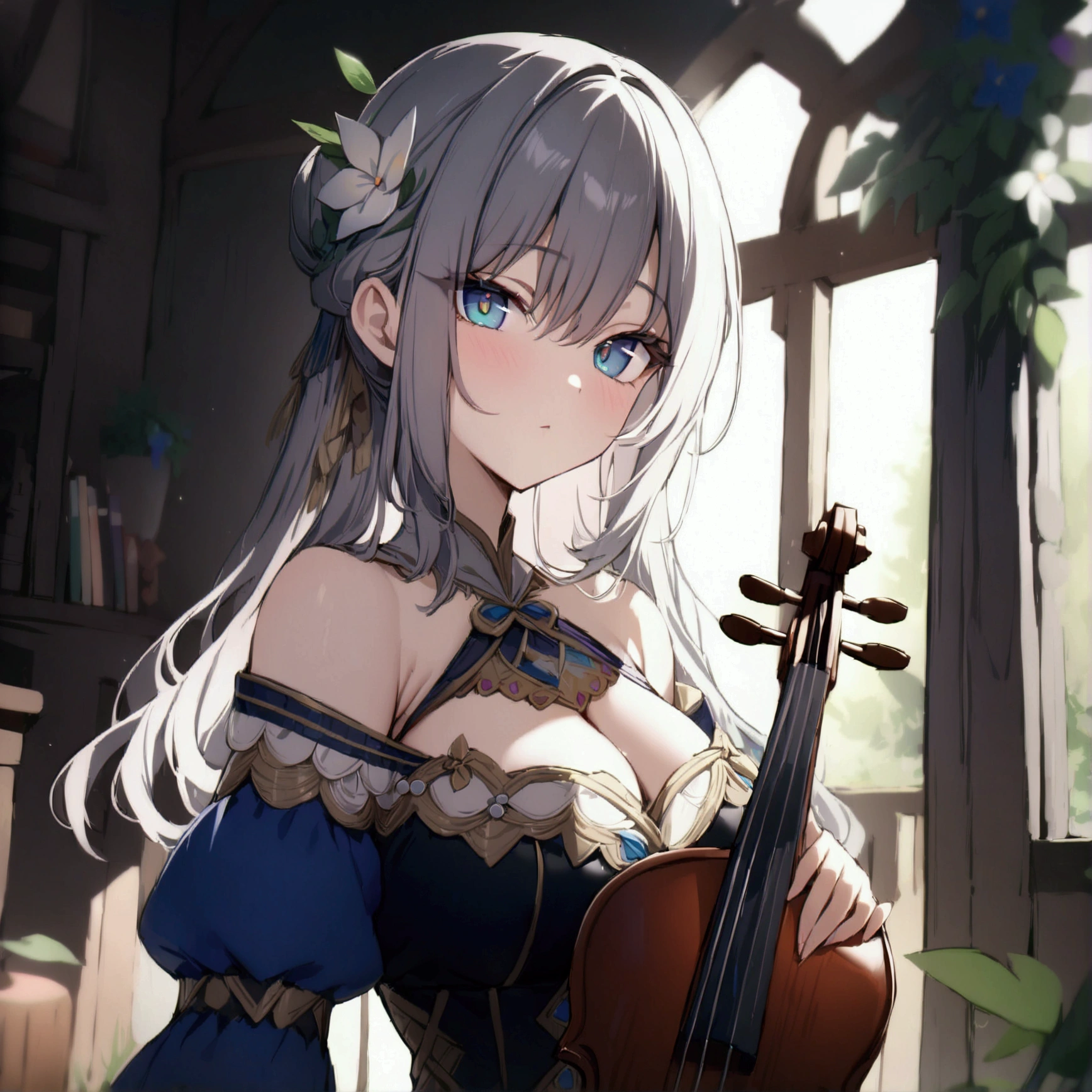 (1girl, Masterpiece, best quality) (detailed and beautiful eyes:1.6) (perfect hands, perfect anatomy) (full body) colorful outfit, older woman, bard outfit, holding a violin