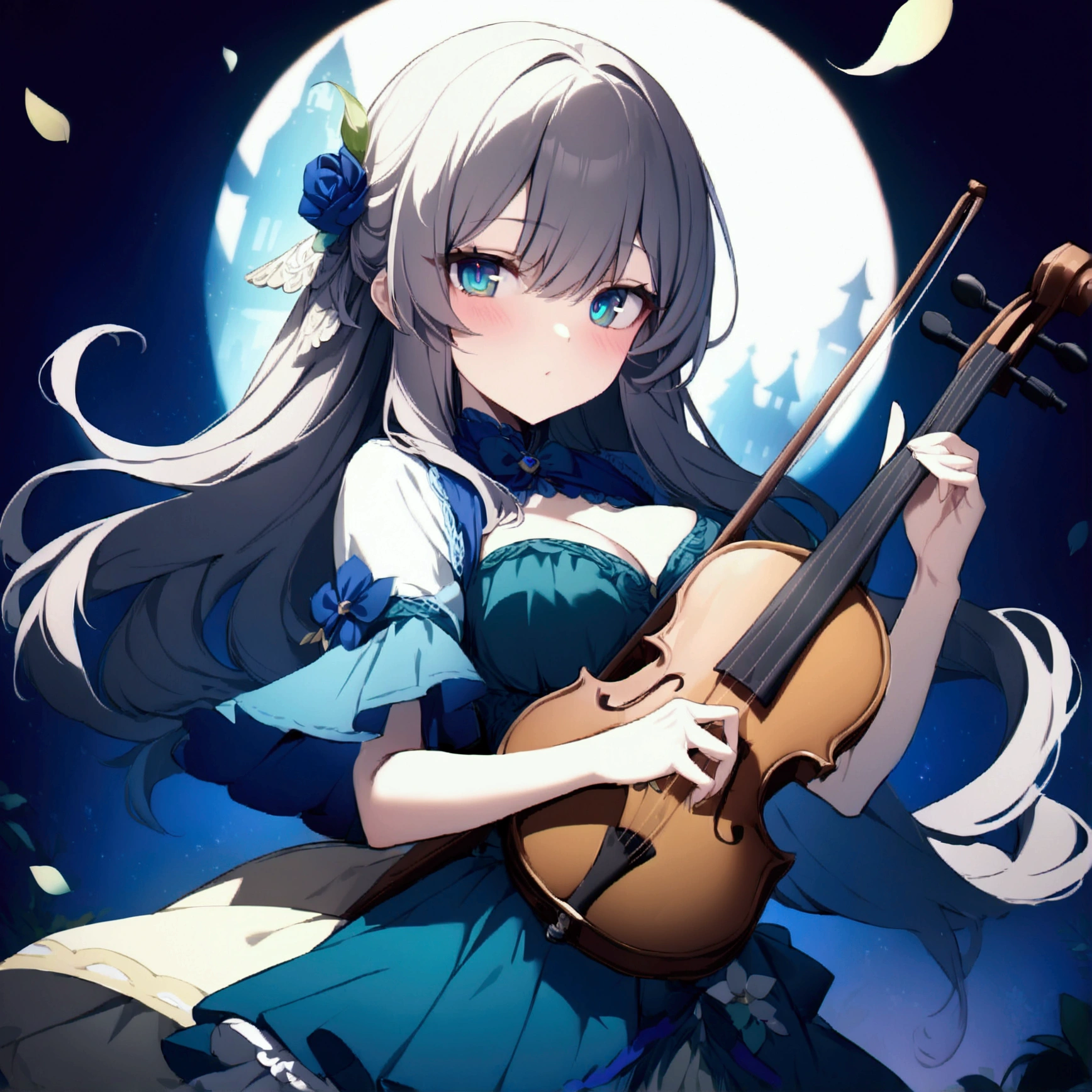 (1girl, Masterpiece, best quality) (detailed and beautiful eyes:1.6) (perfect hands, perfect anatomy) (full body) colorful outfit, older woman, bard outfit, holding a violin