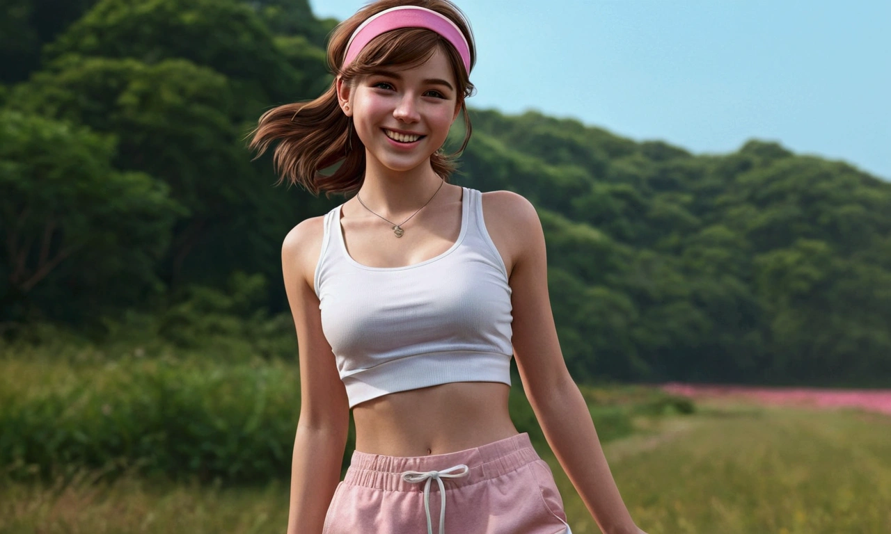 realistic, 1girl, (detail skin texture, ultra-detailed body), atmospheric scene, masterpiece, best quality,(cinematic light), solo, midriff, smile, navel, white crop top, brown hair, shirt, grin, outdoors, standing, [[pink headband]],[sport shorts]