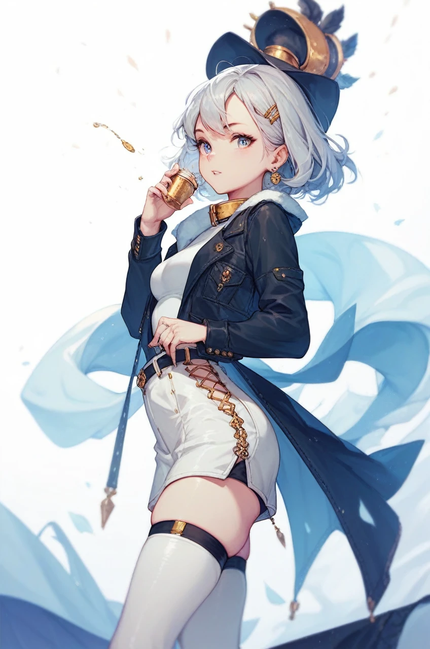 wearing a white turtleneck, with a golden collar;  dark gray leggings;  wearing black sleepers with gold details;