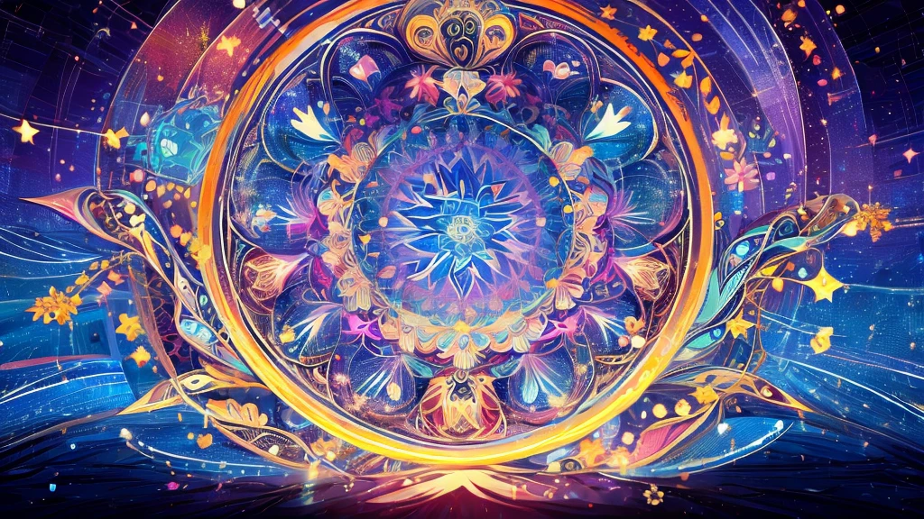 Mandala in blue colors, orange and purple. Black background to create contrast. Symbols of nature