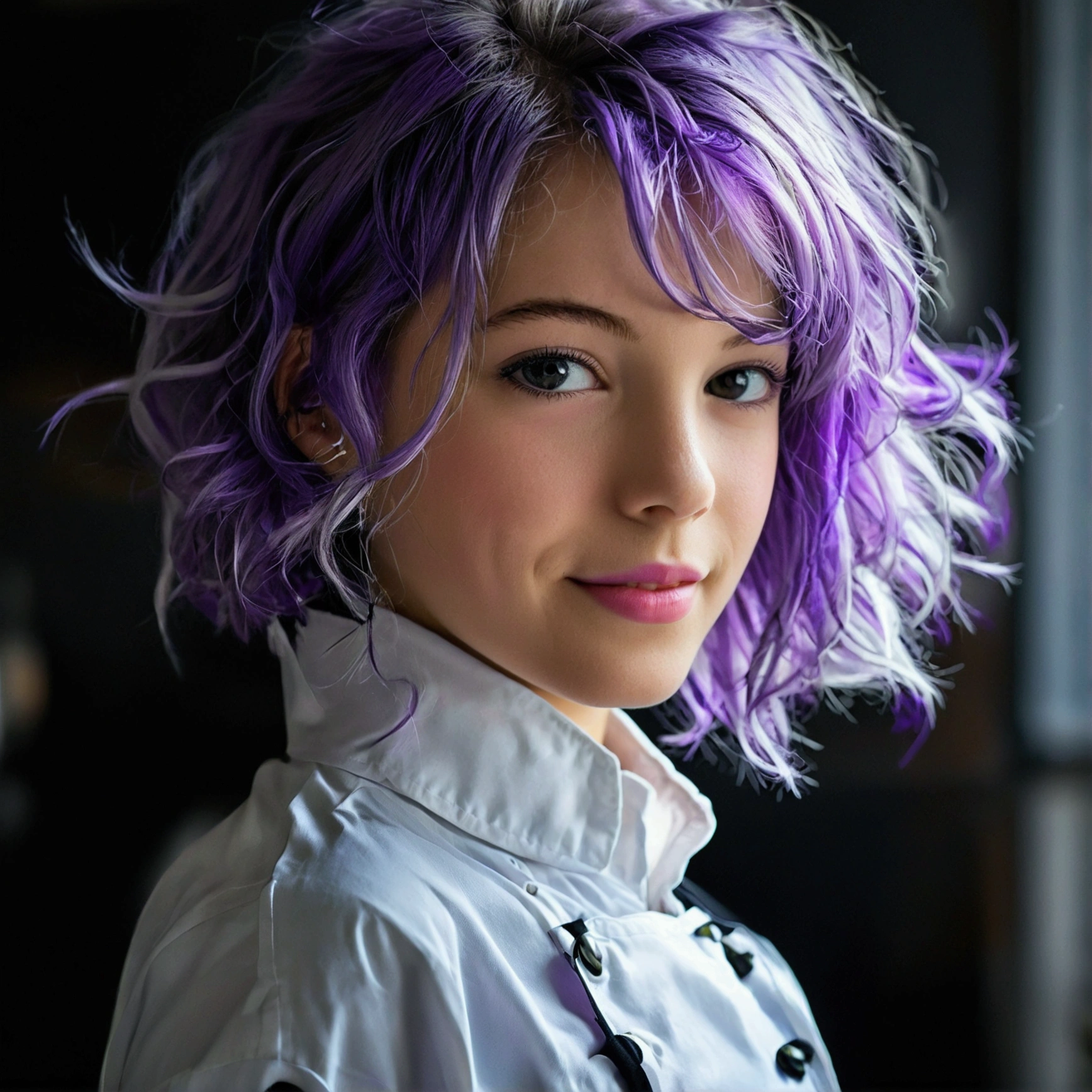 chef-d&#39;œuvre,1fille,seulement, sourire léger, collier en métal, chemise blanche, uniforme scolaire moderne, accessoires, coloration cheveux bicolore violet et noir, coiffure unique, élégant, Fond noir