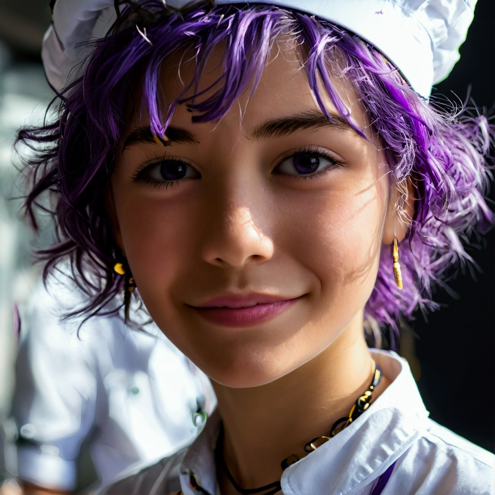 chef-d&#39;œuvre,1fille,seulement, sourire léger, collier en métal, chemise blanche, uniforme scolaire moderne, accessoires, coloration cheveux bicolore violet et noir, coiffure unique, élégant, Fond noir