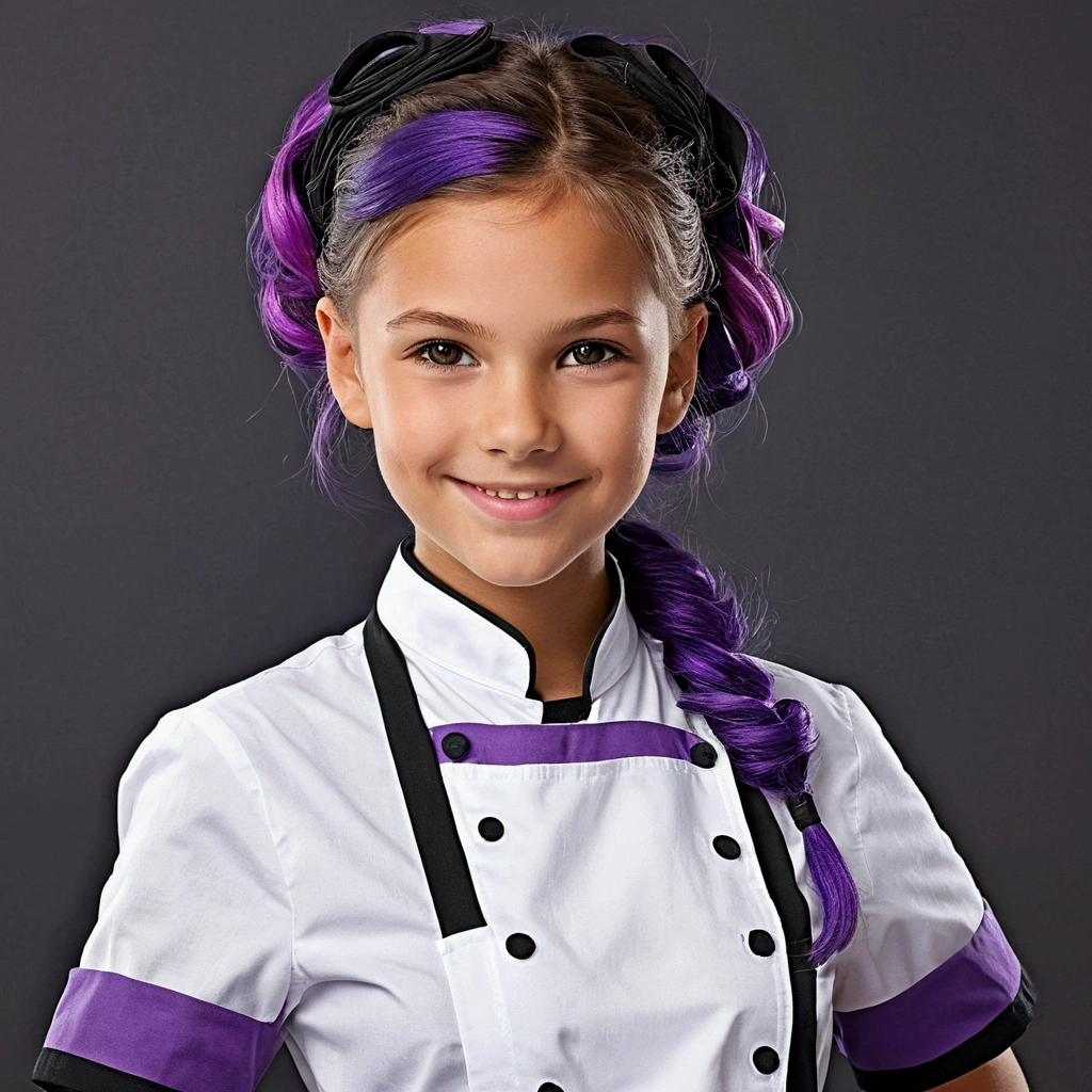 chef-d'œuvre,1fille,seulement, sourire léger, collier en métal, chemise blanche, uniforme scolaire moderne, accessoires, coloration cheveux bicolore violet et noir, coiffure unique, élégant, Fond noir