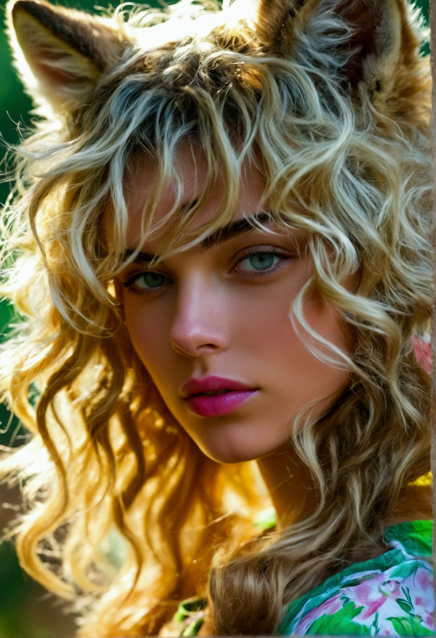 1 hermaphrodite, Wolf cut wavy and golden blonde hair, skin fair, bright and friendly round eyes, full, pink lips, young and feminine face