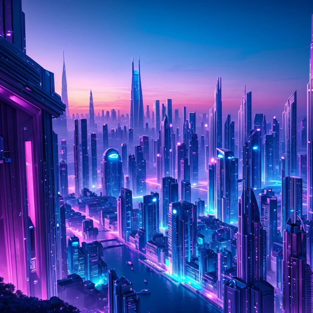 makes an image of a fantasy and futuristic city with blue and pink lighting but that looks like a city taken from paradise itself: use only blue tones, pink and purple