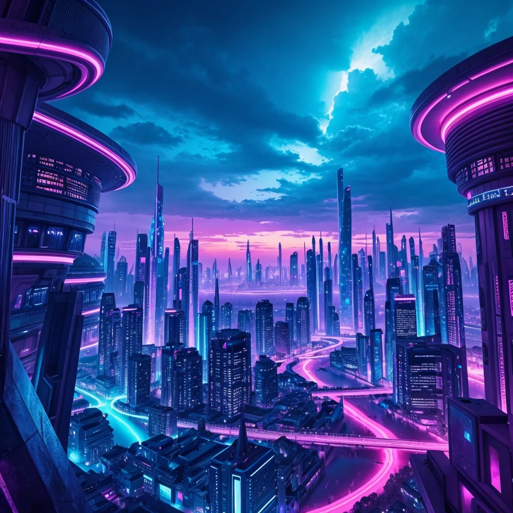 makes an image of a fantasy and futuristic city with blue and pink lighting but that looks like a city taken from paradise itself: use only blue tones, pink and purple