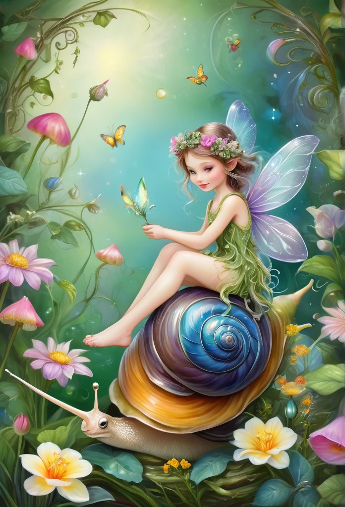 Beautiful tiny fairy sitting on a snail,in a magic background,flowers,vines,grass(high quality),(refined details),(art work),(pastel painting)