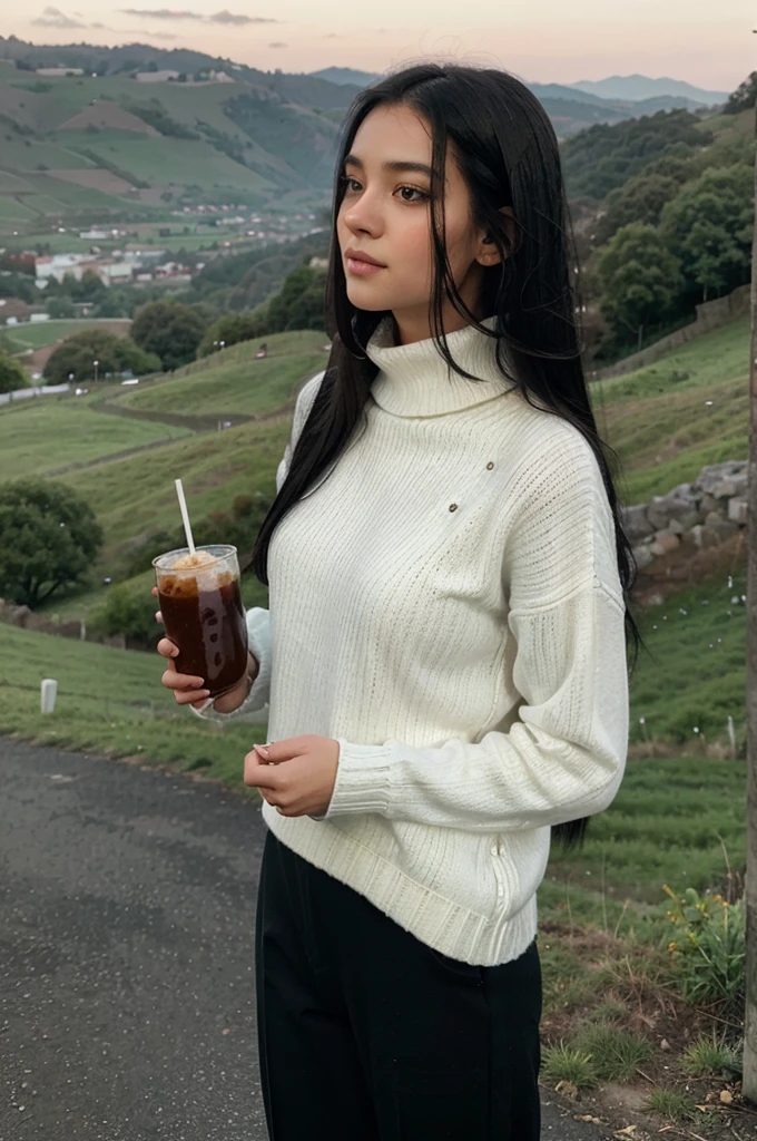 a girl(who is wearing white highneck sweater and black pant, long black hair ) is standing with food in her hand, more realistic, background green hills, evening scene