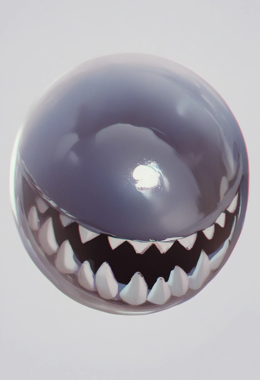 bubble, solo, simple background, white background, grey background, no humans, still life, black eyes, sharp teeth, circle, creature, source