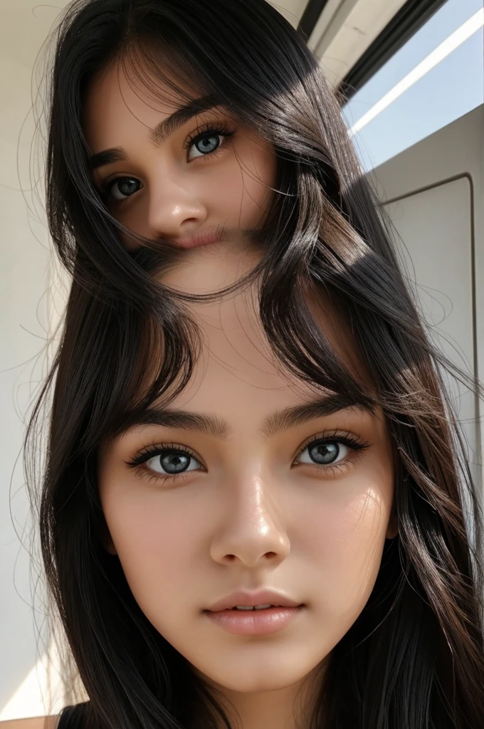 A young 18-19 years old girl with beautiful face eyes nose  and black long hair 