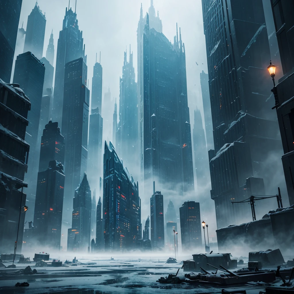 A cinematic scenery of a frozen sci fi kingdom , filled with frozen sky scrapers , broken buildings filled with fogg , chaotic atmosphere, cinematic feel , sci fi movie poster , scenery