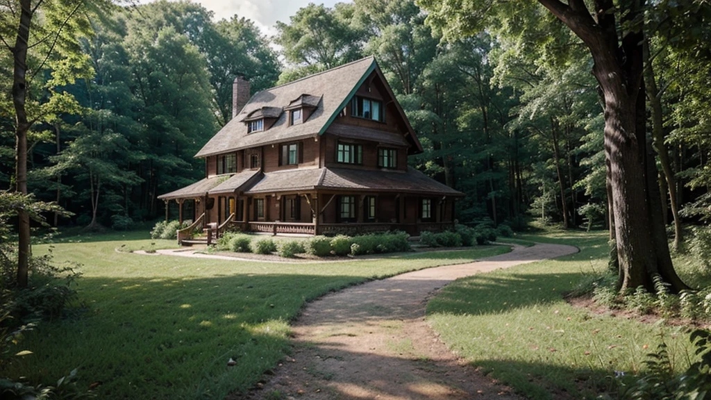 beautiful house on a forest path, cottage, Brick house, house in the florest, Lush Environment, cabine, peaceful masonry mansion, outer, tranquil atmosphere, graffiti
