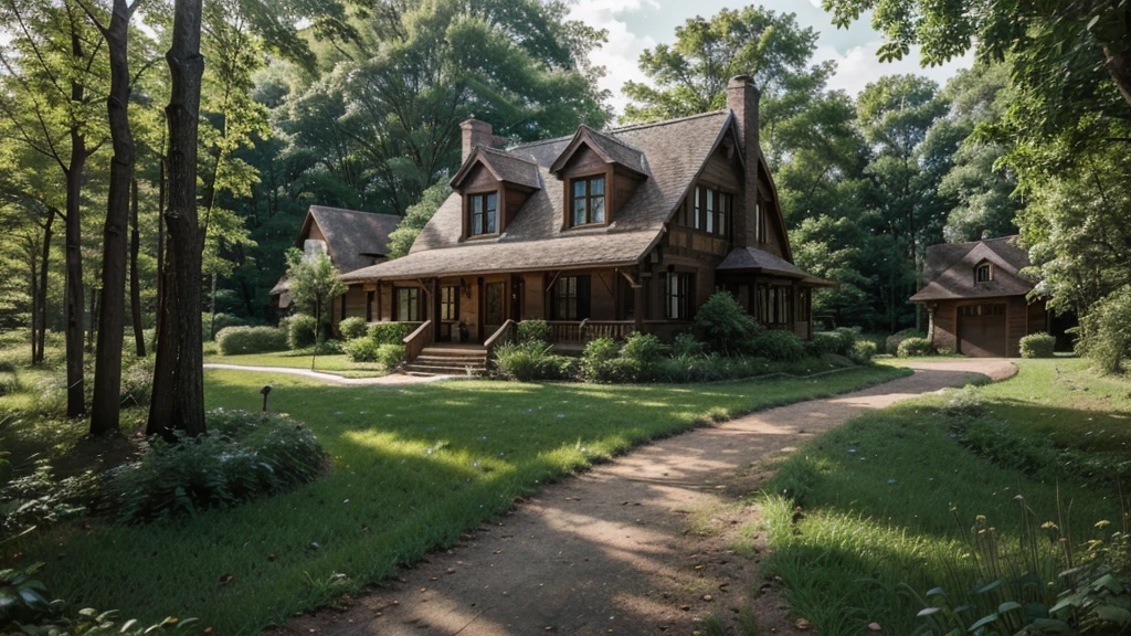 beautiful house on a forest path, cottage, Brick house, house in the florest, Lush Environment, cabine, peaceful masonry mansion, outer, tranquil atmosphere, graffiti