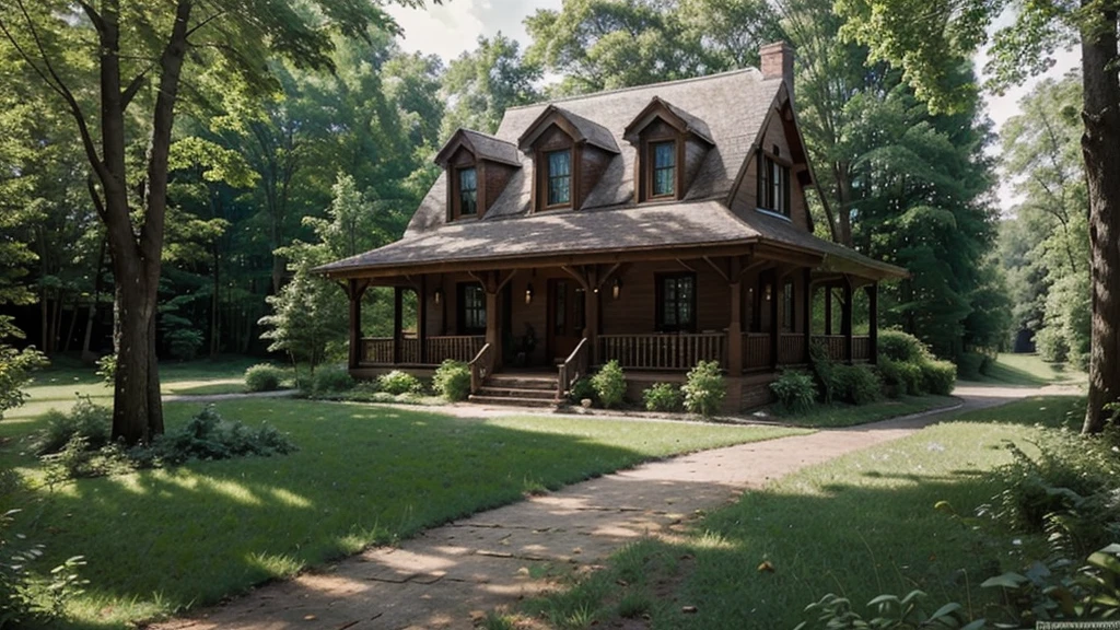 beautiful house on a forest path, cottage, Brick house, house in the florest, Lush Environment, cabine, peaceful masonry mansion, outer, tranquil atmosphere, graffiti
