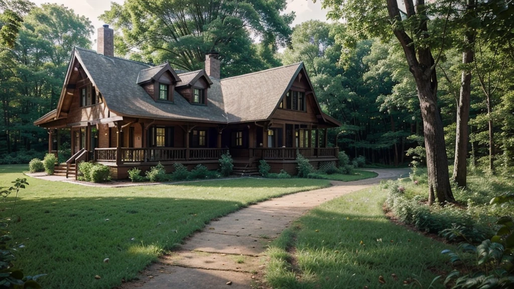 beautiful house on a forest path, cottage, Brick house, house in the florest, Lush Environment, cabine, peaceful masonry mansion, outer, tranquil atmosphere, graffiti
