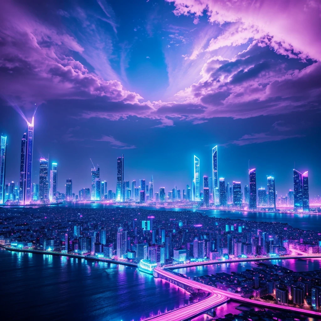 makes an image of a fantasy and futuristic city with blue and pink lighting but that looks like a city taken from paradise itself: use only blue tones, pink and purple