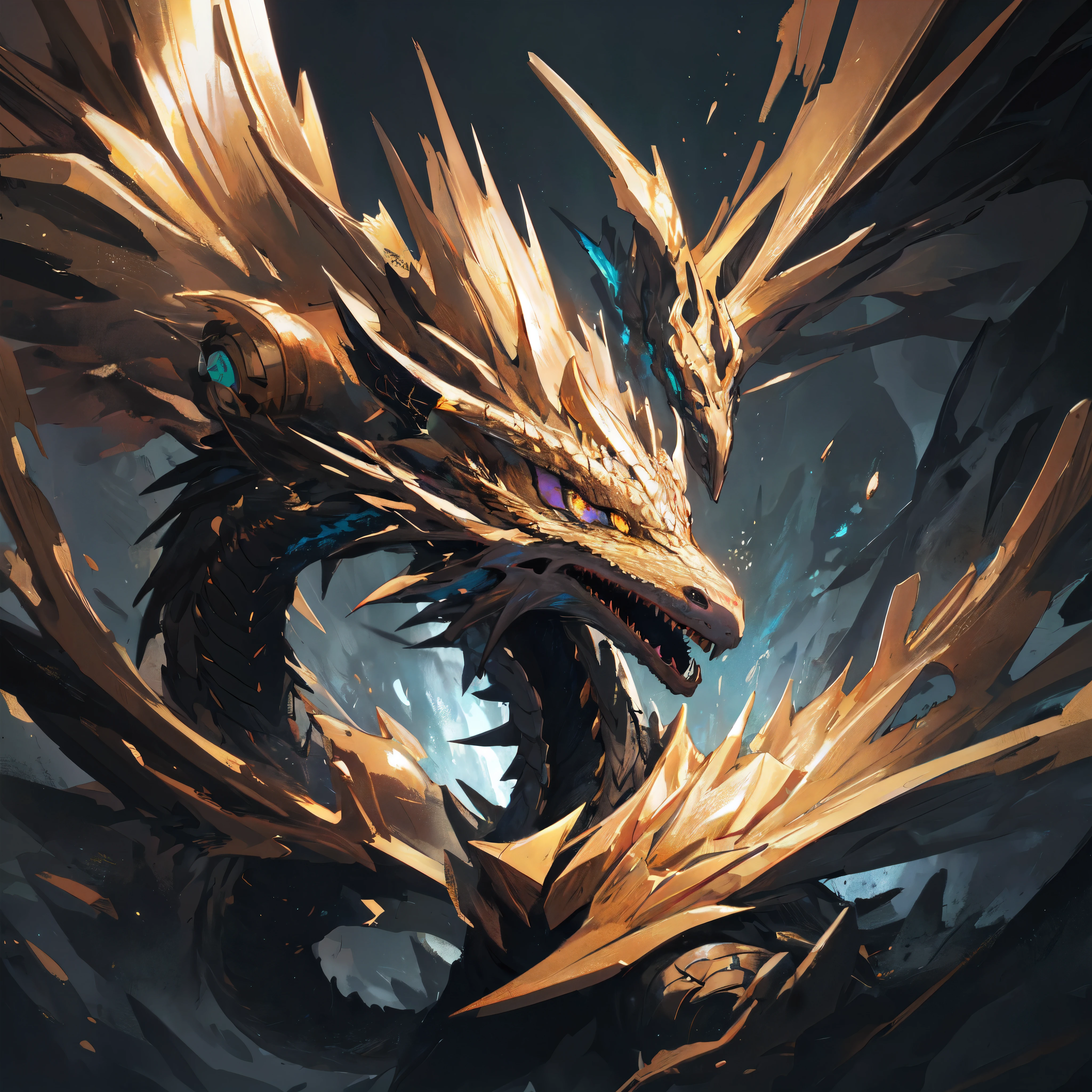 masterpiece, best quality, (extremely detailed CG unity 8k wallpaper), (best quality), (best illustration), (best shadow), absurdres, realistic lighting, (Abyss), beautiful detailed glow, (portrait:1.22), Dragon, anime, solo, mythical dragon, gold and black dragon, golden eyes, golden scales, black body, dragon
