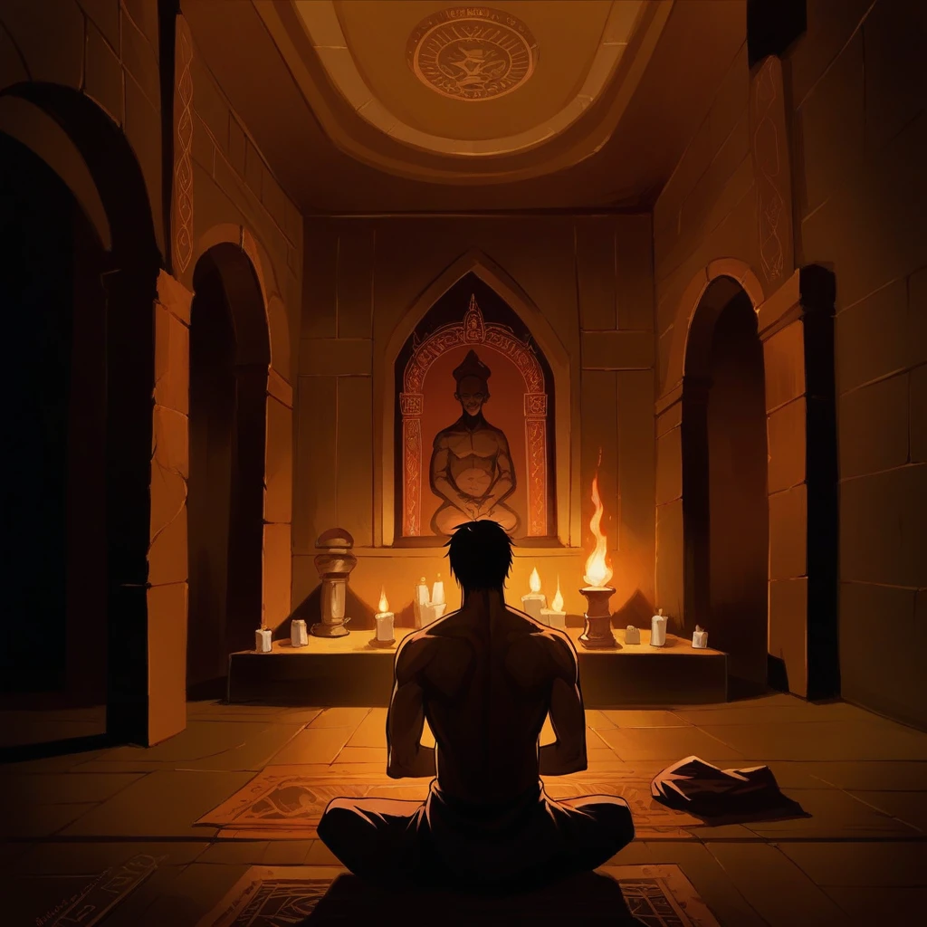 In a dark room, a 50-year-old man wearing a red cloth is sitting on the floor performing yajna at the yajna altar.  Only the back of the man is visible.  The dark room is dimly illuminated by the light of the sacrificial fire.  On the wall in front of the manor is a statue of Hindu goddess Devi Dhumabati, seated on Padmasana. The whole view will be in top angle.