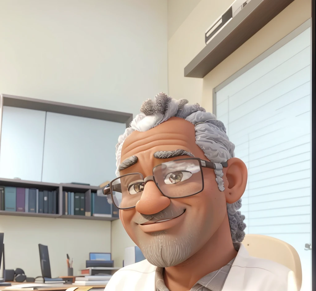 A afro man with graying hair and glasses is standing in an office setting. He has a slight smile on his face and appears to be looking directly at the camera. The office environment includes white cabinets, a bulletin board with various papers attached, and other office equipment visible in the background.