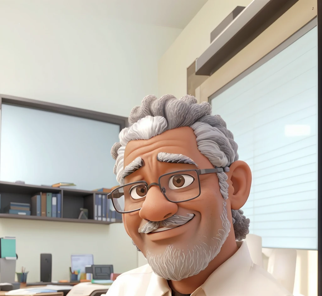 A afro man with graying hair and glasses is standing in an office setting. He has a slight smile on his face and appears to be looking directly at the camera. The office environment includes white cabinets, a bulletin board with various papers attached, and other office equipment visible in the background.
