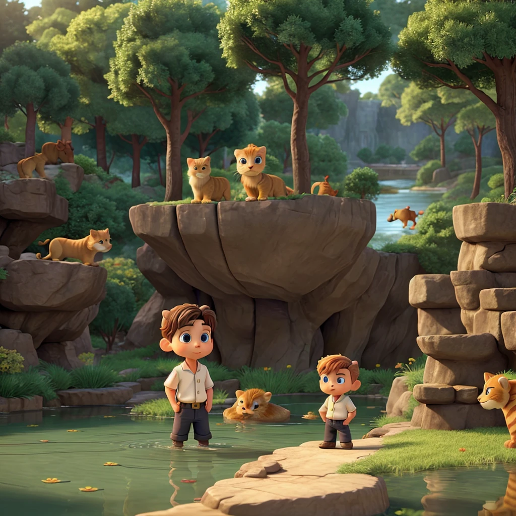 A cute with dark hair and eyes and a blonde stood with a lion a tall wizard and a ginger cat, all around the pond, looking at the fish jumping out of the water. Pixar 3d style.