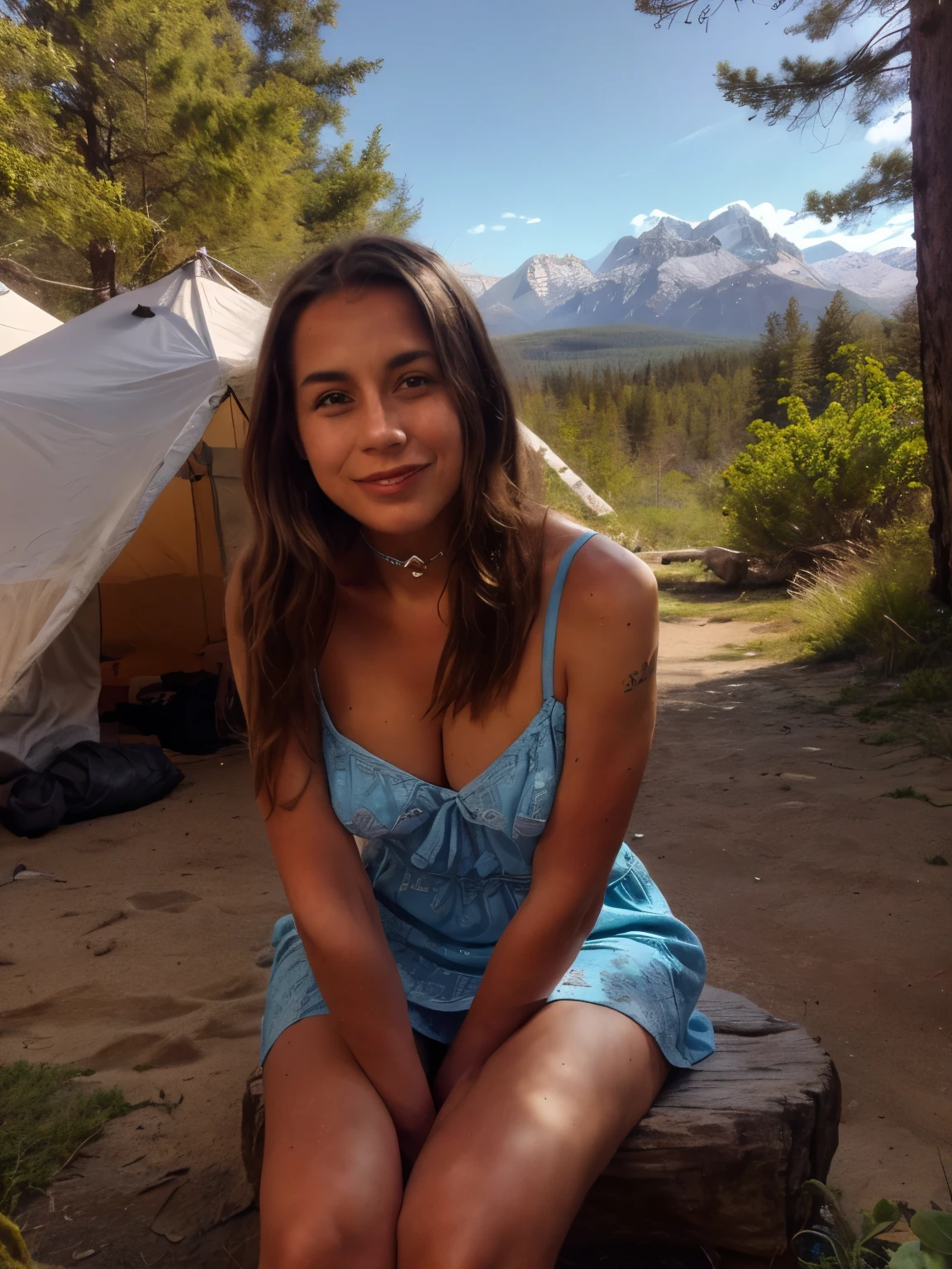 Hot Weather A young Native American slightly smiling seductive woman sits by the edge of the British Columbia seashore, her face glowing with contentment as she enjoys the hot, windy summer day. The temperate rainforest is far in the background, with the snow-capped peaks of the Rocky Mountains visible in the distance. Around her, traditional Coast Salish tipis made from wood and covered with animal hides are set up. These conical structures are constructed from bison and deer hides, adorned with intricate beadwork and traditional symbols. Short tree stumps and large stones are arranged as seating near the tipis. The camp is bustling with activity as other members of the Coast Salish tribe engage in various tasks. The woman wears authentic Native American clothing typical of her tribe, including a fringed deerskin dress decorated with beadwork and traditional symbols. Her long, black hair is braided and adorned with colorful beads and feathers. Her light blue eyes and full lips stand out against her sun-kissed skin, framed by high cheekbones and expressive eyebrows. She has a traditional tattoo, an intricate design that tells a story of her heritage. The beach scene is serene, with small waves gently lapping against the rocky shore and the sun shining brightly. The sky is clear and blue, and a warm breeze blows through the camp, rustling the hides of the tipis. The rocky beach leads to the calm, cold waters of the Pacific Ocean on the left. The dense foliage of the British Columbia rainforest is on the right, providing a lush backdrop. The snow-capped peaks of the Rocky Mountains are visible in the far distance, adding to the majesty of the landscape. This scene captures the essence of traditional Coast Salish life, showcasing their harmonious relationship with nature, craftsmanship, and community spirit.blond seductive slightly smiling woman with perky hardnipples breasts. Excellent breasts,,(spring day ), choker, necklace ,she is a tourist guide, Grand Canyon