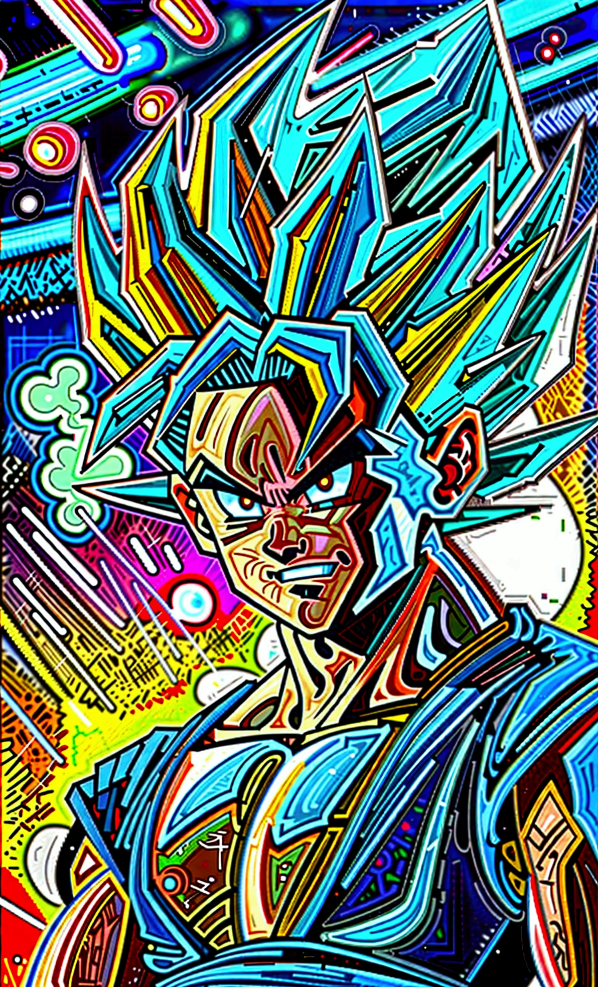 full-body shot, dragon ball Super art style, young muscular bulky brawny, one saiyan monkey tail, Full power Legendary Super Saiyan, all glowing green hair, thicker eyebrows, glowing yellow eyes, subtle grin expression, in a big bang attack stance, green kai lightning surrounds him, all black clothes, night with city in the background, solo,