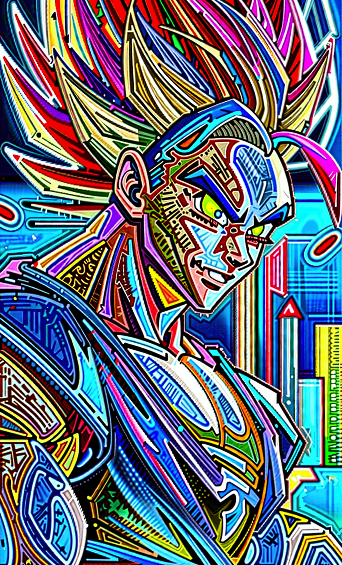 full-body shot, dragon ball Super art style, young muscular bulky brawny, one saiyan monkey tail, Full power Legendary Super Saiyan, all glowing green hair, thicker eyebrows, glowing yellow eyes, subtle grin expression, in a big bang attack stance, green kai lightning surrounds him, all black clothes, night with city in the background, solo,