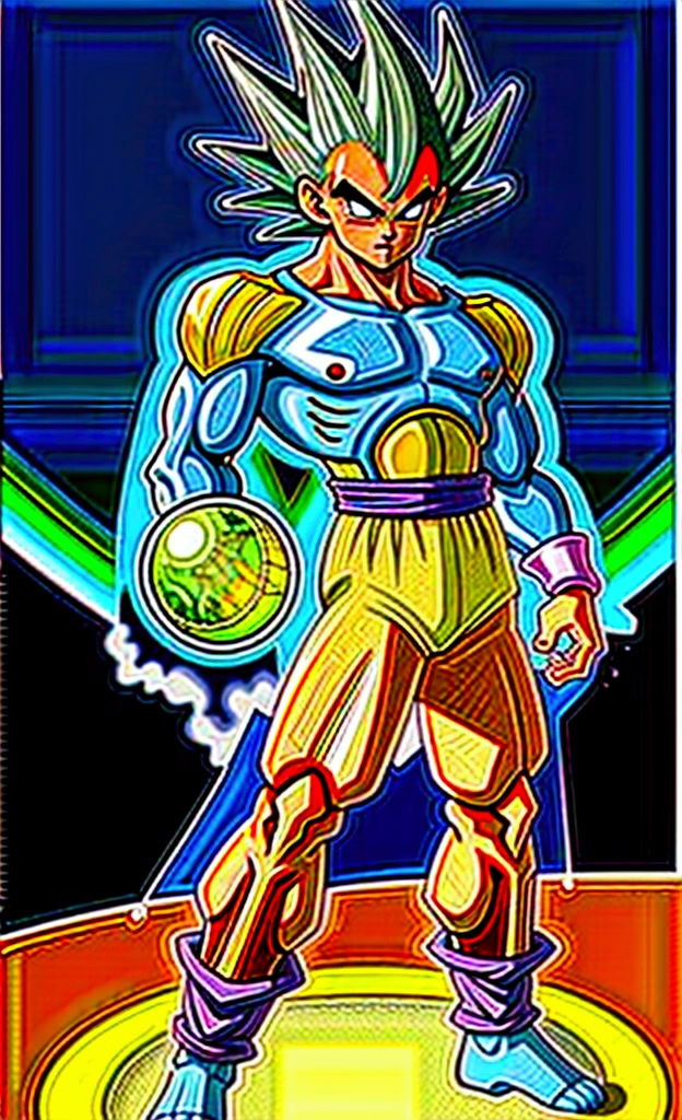 full-body shot, dragon ball Super art style, young muscular bulky brawny, one saiyan monkey tail, Full power Legendary Super Saiyan, all glowing green hair, thicker eyebrows, glowing yellow eyes, subtle grin expression, in a big bang attack stance, green kai lightning surrounds him, all black clothes, night with city in the background, solo,