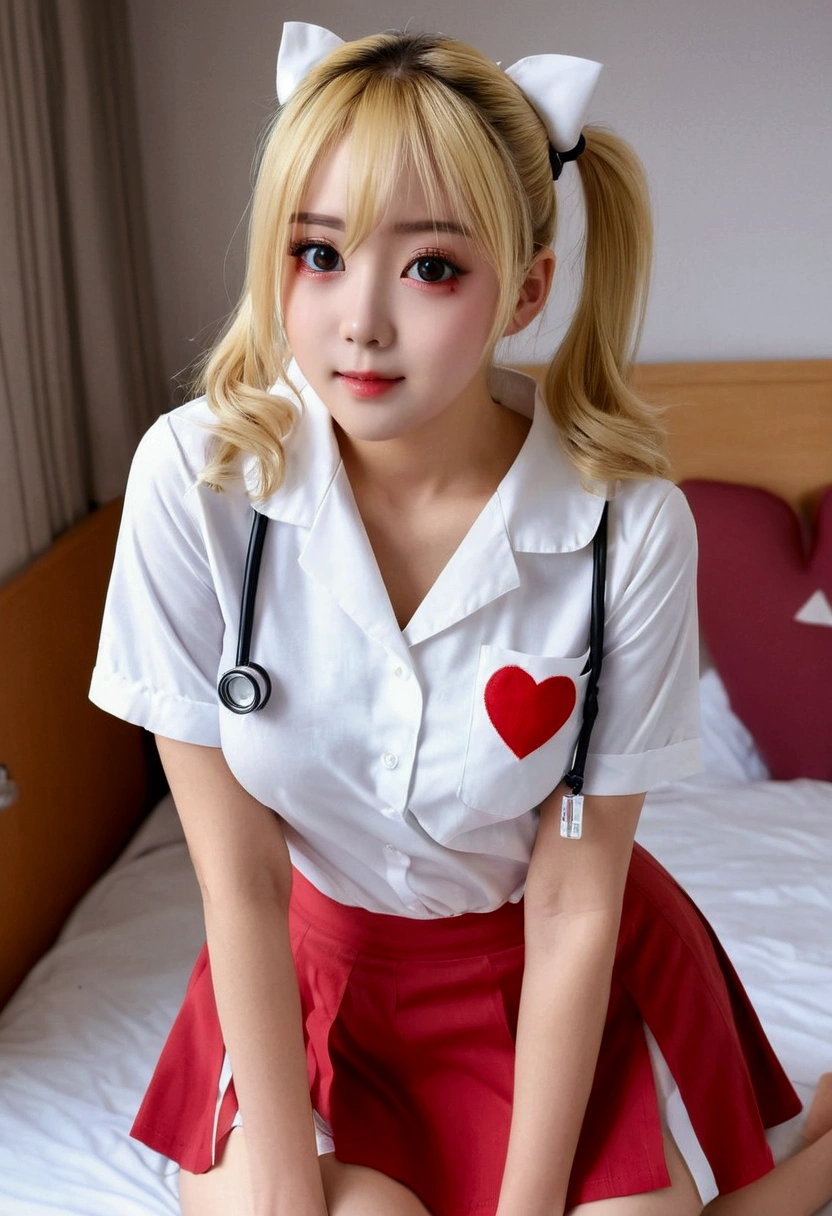 ((Highest quality)), ((masterpiece)), ((Perfect Face))、((Her skirt is rolled up))、((Showing panties))、((Skimpy underwear))、(((Eye heart symbol)))、blonde、ponytail、orgasm、Blushed、My whole body is sweating、Ahegao、nurse's uniform,Take off your clothes,Bare legs,barefoot,Show your