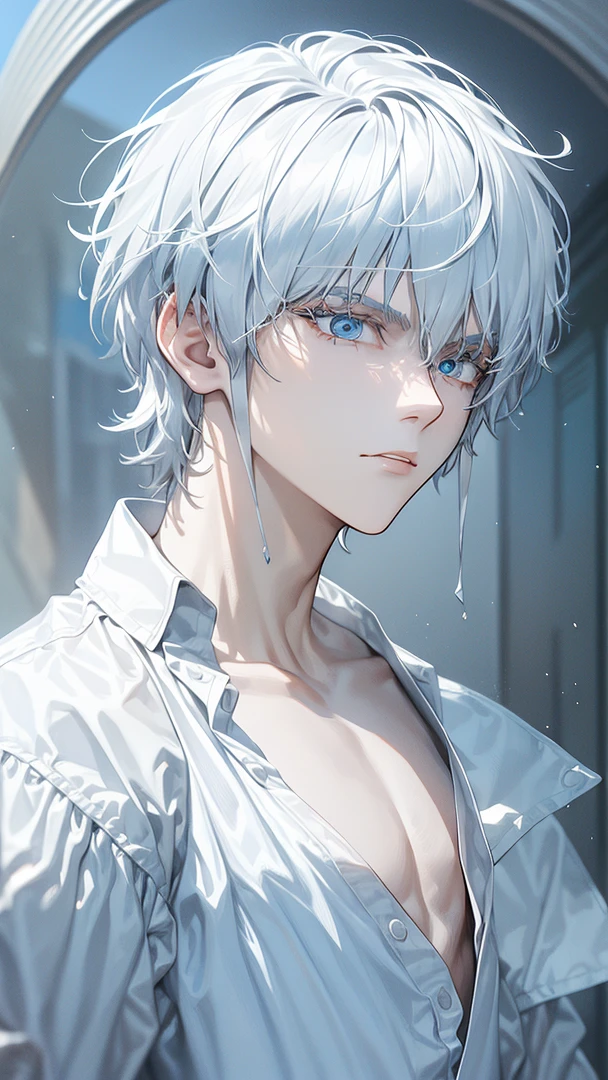 masterpiece, 8k, ((shadow and light effects)), Anime boy in tie and jacket, Smooth Anime CG Art, tall anime man with silver eyes, Anime Boy, Detailed Digital Anime Art, semi realistic anime, Realistic anime art style, made with anime painter studio, Beautiful Anime Portrait, anime style portrait, digital anime art, digital art in anime style, Anime Realism Style, anime handsome guy, full power ((effect)), ((serious countenance)), a small scar on the seat of the mouth