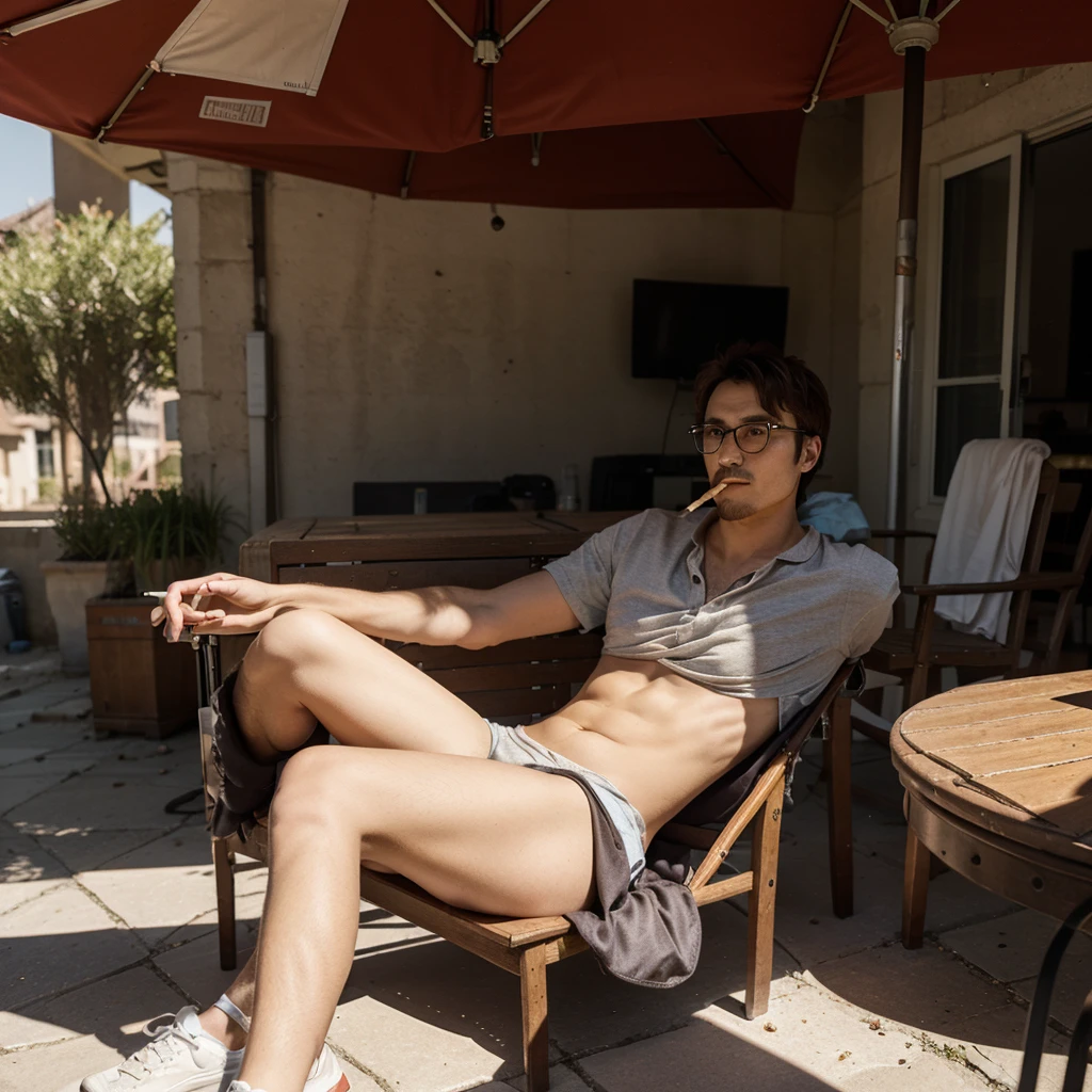 god of unemployee, laying on the lazy chair, smoking a cigarette, under the light sun, beside a table,  man with glasses