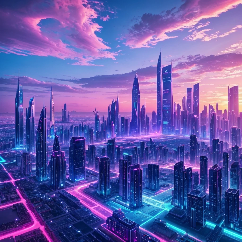 makes an image of a fantasy and futuristic city in the middle of the sunset with blue and pink lighting but that looks like a city taken from paradise itself: use only blue tones, pink and purple, put the transgender flag somewhere in the city
