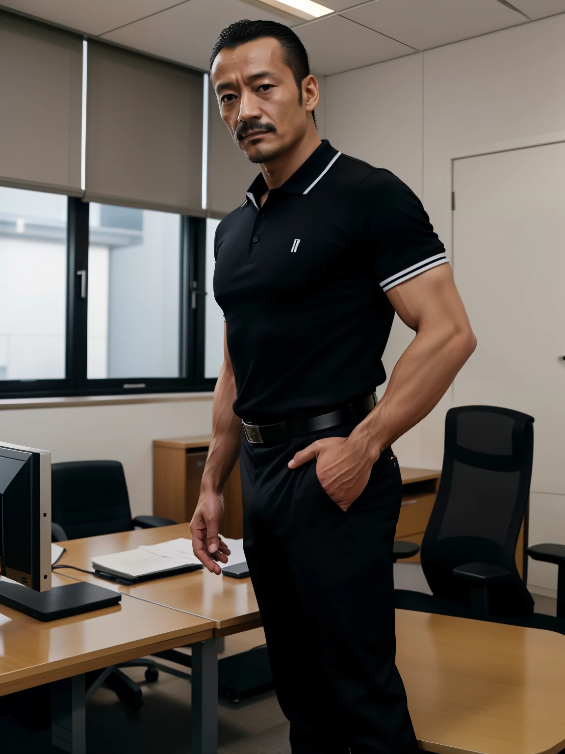 40 years old,Hidetoshi Nakata,(Kogoro Mori 1.3),office,Two skinny muscular men standing,whole body,Black socks,Thick body hair,Black lingerie,Topless,Densely hairy,Fortitude,HD,With a mustache,Polo Shirt