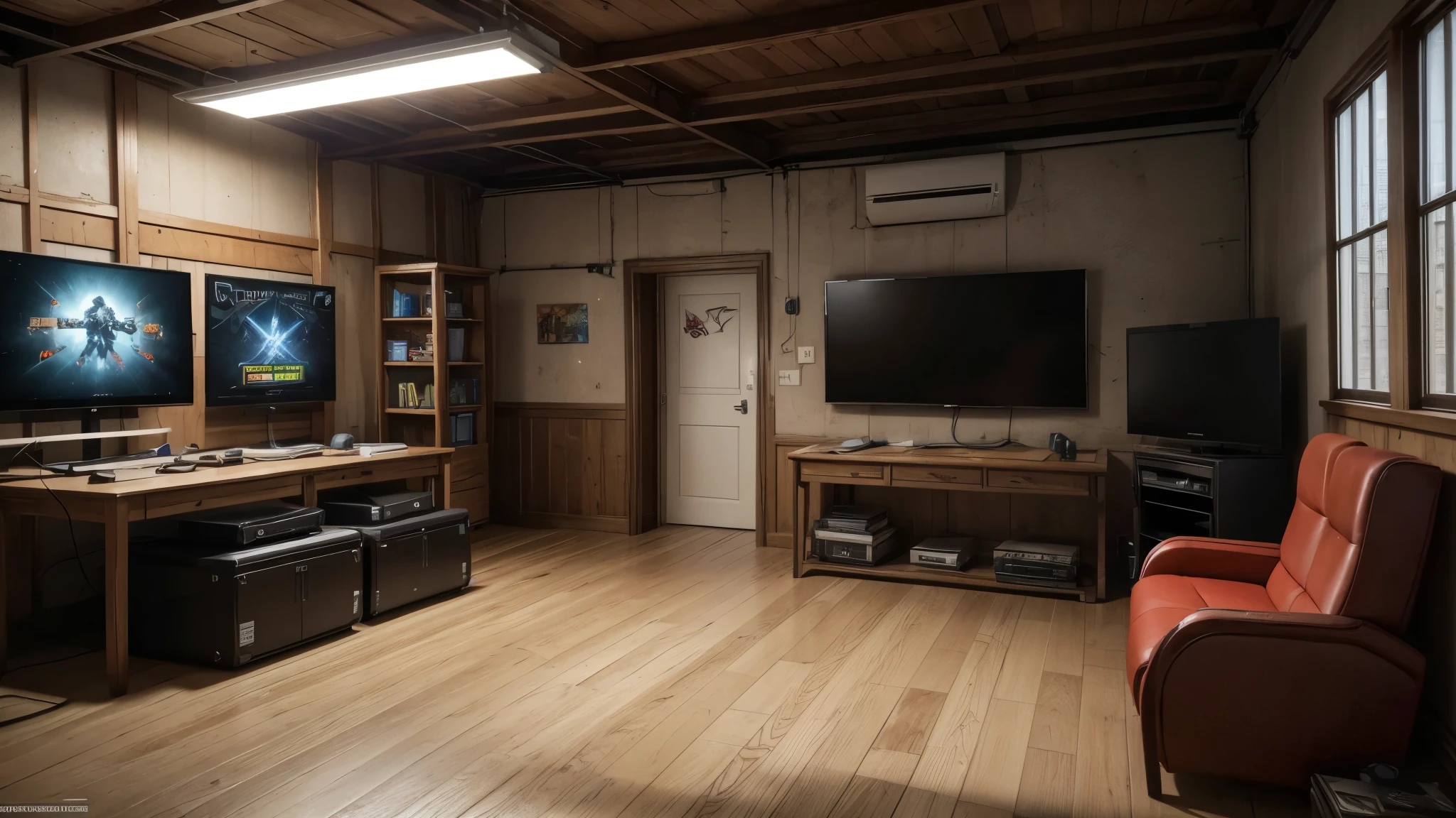front view of a gloomy room that looks like a professional gamer workshop bench, There are no chairs or sofas in the room. The red light on one of the walls of the room with three fluorescent lamps protected by a lattice box is the clear bluish light on the other side of the walls, illuminate . Various frames, and a vertical frame, from classic game posters to fan-made art, adornam as paredes, telling stories of heroes and villains. In the corner of the room, a robust benches form a "L", ready to receive your equipment, PCs with multiple 32-inch widescreens dominate the scene, boasting powerful graphics cards with rgb lighting and impeccable settings. . On a shelf next to, an enviable collection of games and video game consoles. From Atari classics to PlayStation 5 and Xbox Series Xs, you will find titles for all tastes and styles.