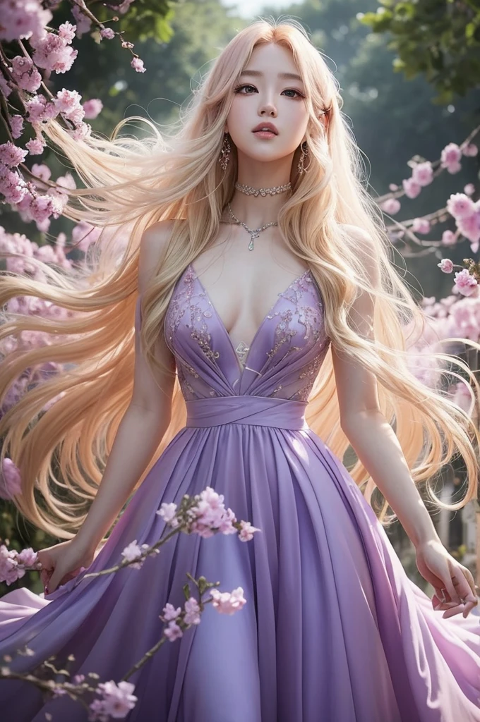 Rosé, a member of the Korean K-pop group Blackpink, appeared like a mystical fairy, adorned in a flowing purple gown. Her blonde hair cascaded freely, with wisps fluttering in the breeze, and delicate purple flowers woven through her locks, adding an enchanting touch to her ethereal presence.