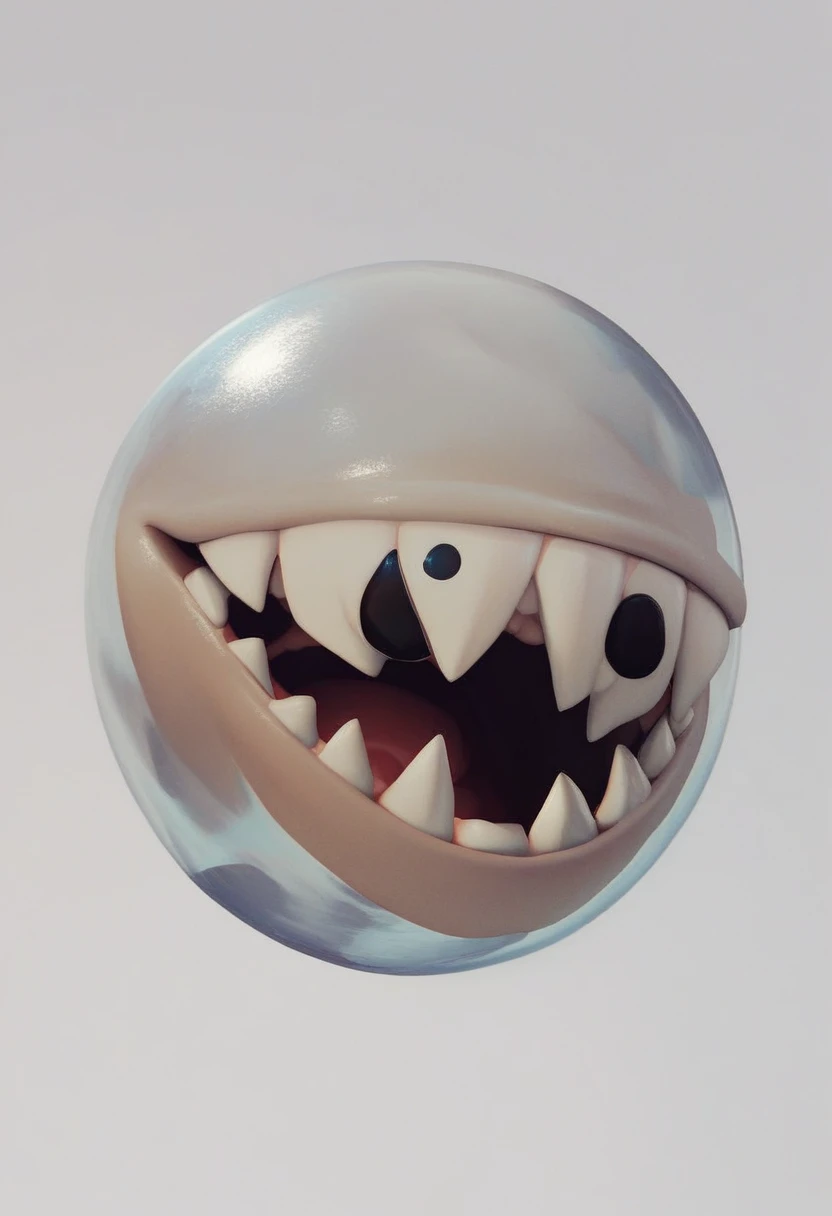 bubble, solo, simple background, white background, grey background, no humans, still life, black eyes, sharp teeth, circle, creature, source