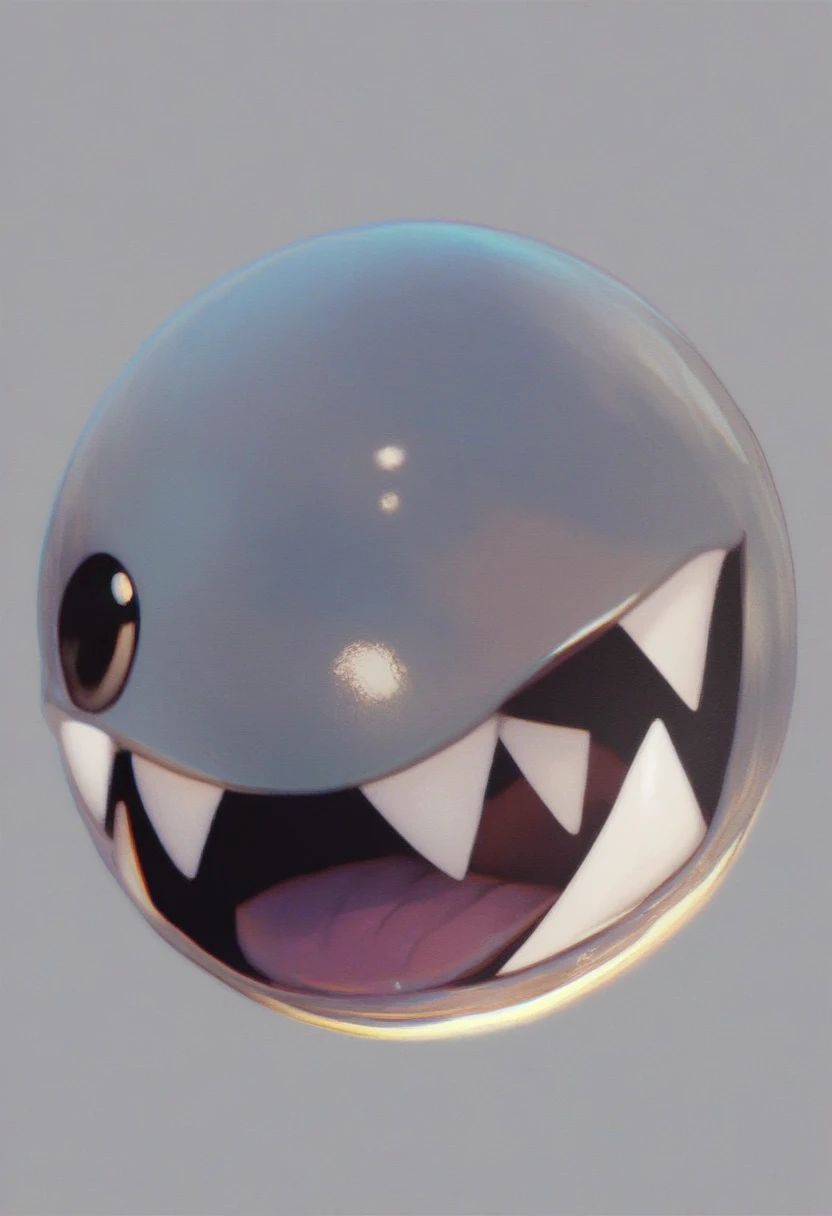 bubble, solo, simple background, white background, grey background, no humans, still life, black eyes, sharp teeth, circle, creature, source