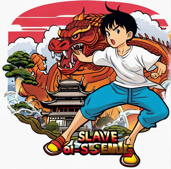t-shirt design with the text "Slave of Love", in the cartoon anime style, an Asian boy is fighting against a giant monster near a Japanese temple, with a transparent background, in PNG format.