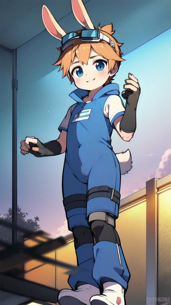 ((A young boy)),(Youthful feeling),One-piece mountaineering suit,Goggles,Fingerless gloves,Cotton socks,Short sleeve,stand up,happy,Rabbit ears,Rabbit Tail