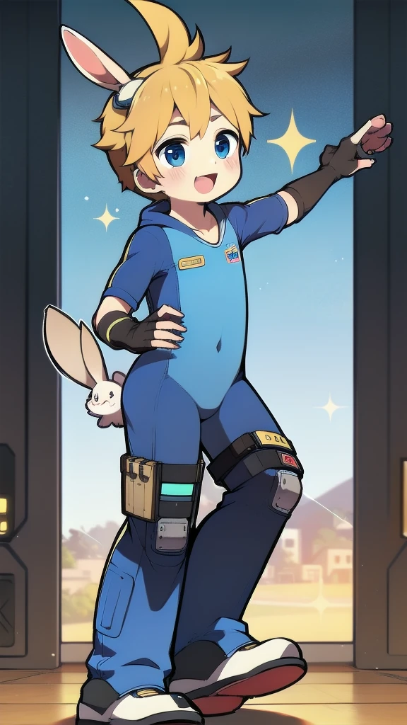 ((A young boy)),(Youthful feeling),One-piece mountaineering suit,Goggles,Fingerless gloves,Cotton socks,Short sleeve,stand up,happy,Rabbit ears,Rabbit Tail