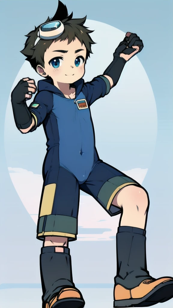 ((A young boy))，(Youthful feeling)，One-piece mountaineering suit，Goggles，Fingerless gloves，Cotton socks，Short sleeve，stand up，happy，Rabbit ears，Rabbit Tail