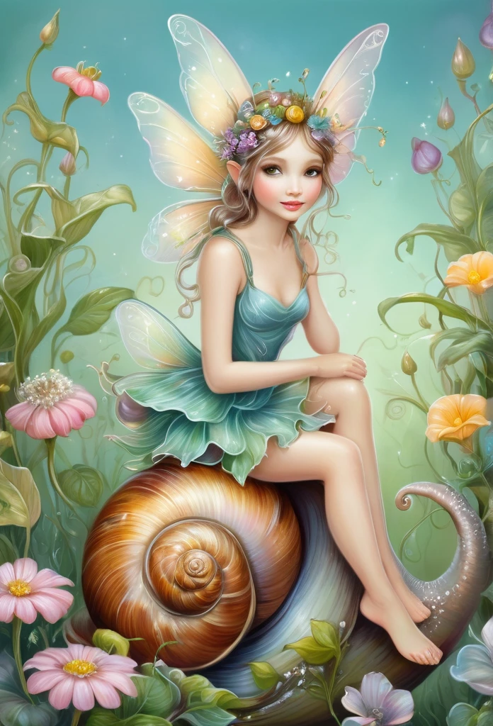 Beautiful tiny fairy sitting on a snail,flowers,vines,grass(high quality),(refined details),(art work),(pastel painting),(fantasy style)