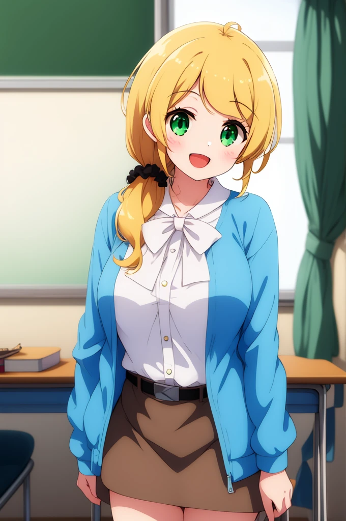 One girl, Cowboy Shot, classroom, smile, (teacher:1.4), Open your mouth,
Ellen_bakery, Green Eyes, Blonde, Long Hair, Hair Scrunchie, Jacket, White shirt, Skirt best quality, masterpiece, High resolution,