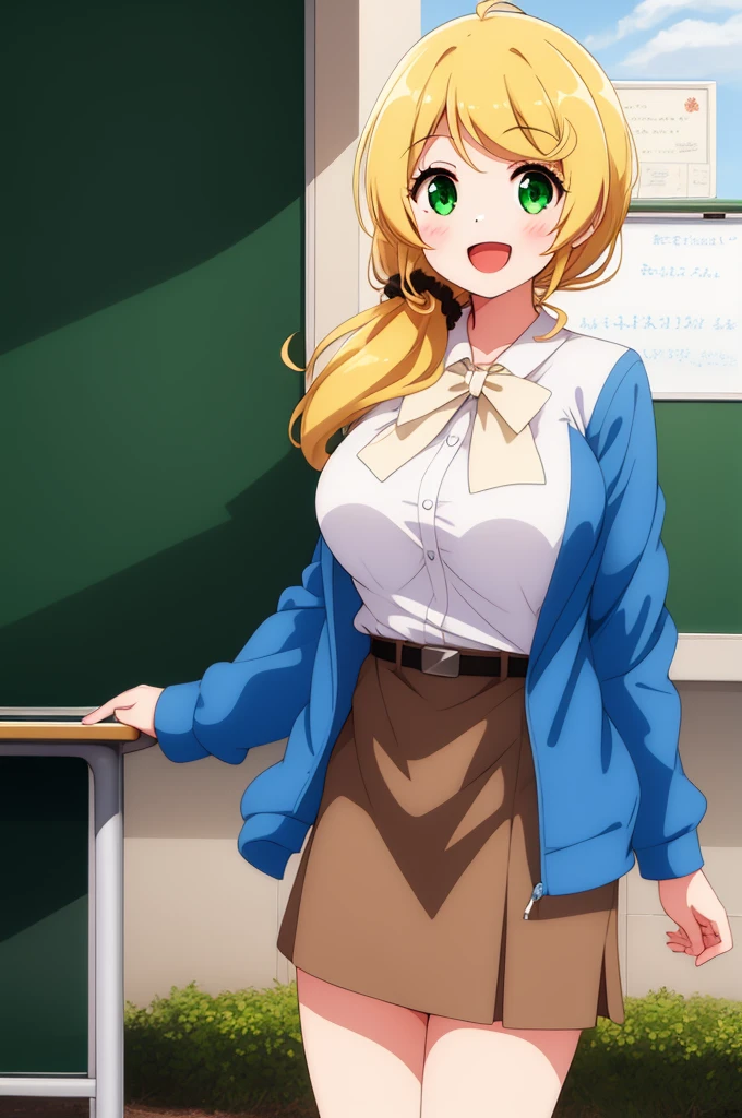 One girl, Cowboy Shot, classroom, smile, (teacher:1.4), Open your mouth, 
Ellen_bakery, Green Eyes, Blonde, Long Hair, Hair Scrunchie, Jacket, White shirt, Skirt best quality, masterpiece, High resolution, 