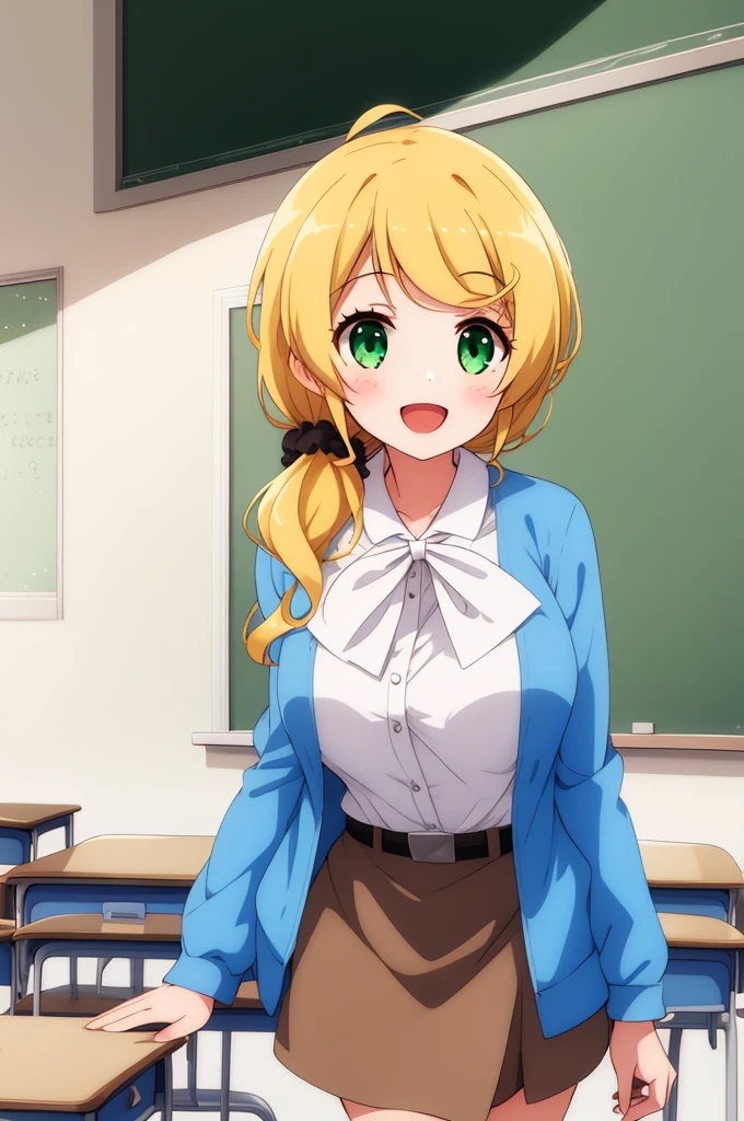 One girl, Cowboy Shot, classroom, smile, (teacher:1.4), Open your mouth,
Ellen_bakery, Green Eyes, Blonde, Long Hair, Hair Scrunchie, Jacket, White shirt, Skirt best quality, masterpiece, High resolution,